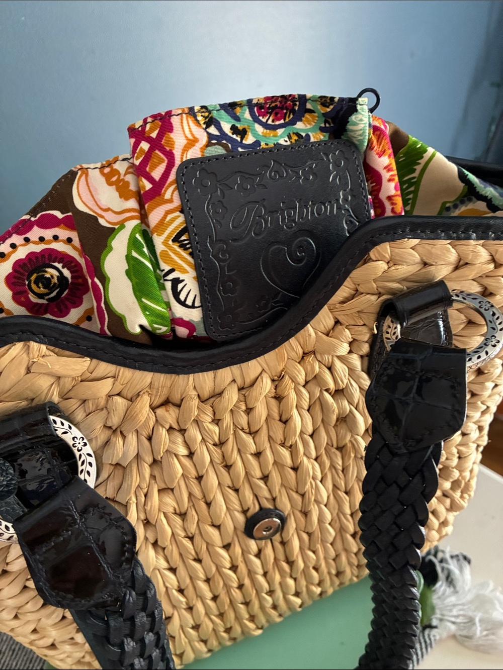 Brighton Straw Woven Tote with Black/Dark Navy Braided Handles - Picture 2 of 10